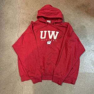 Red Hooded Sweater with White Lettering